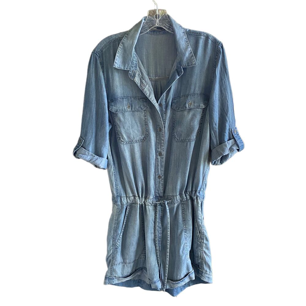 SILVER M Chambray Romper Drawstring Waist Roll Tab Sleeves Button Front Lyocell